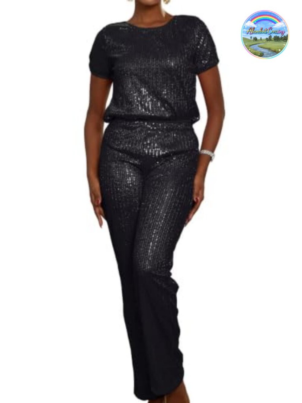Sequin Two Piece Set Short Sleeve Top Wide Leg Pants Party Disco Outfit